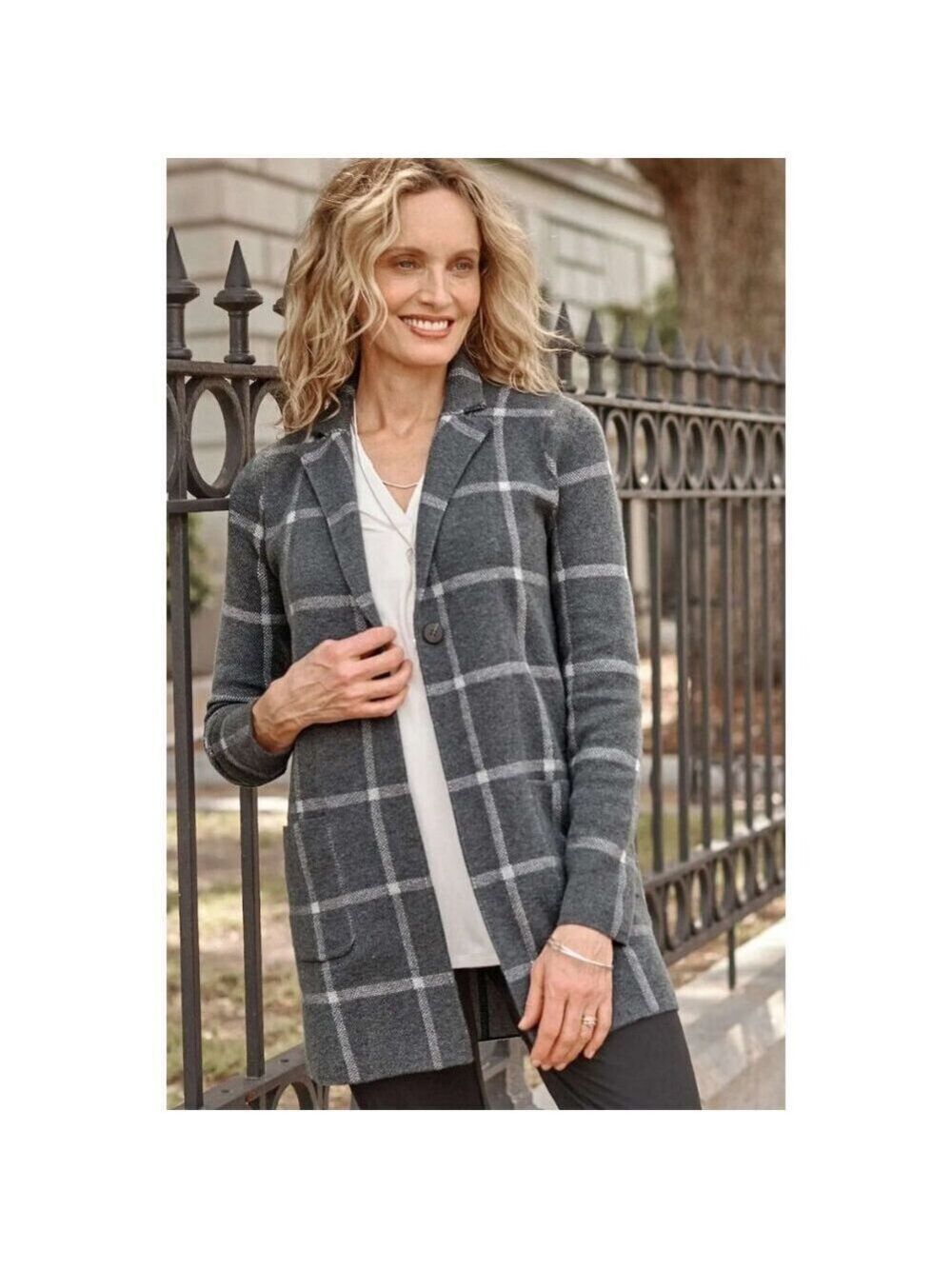 NWT J. Jill Wearever Windowpane Sweater Jacket Gray W/White Knit Women's Size S